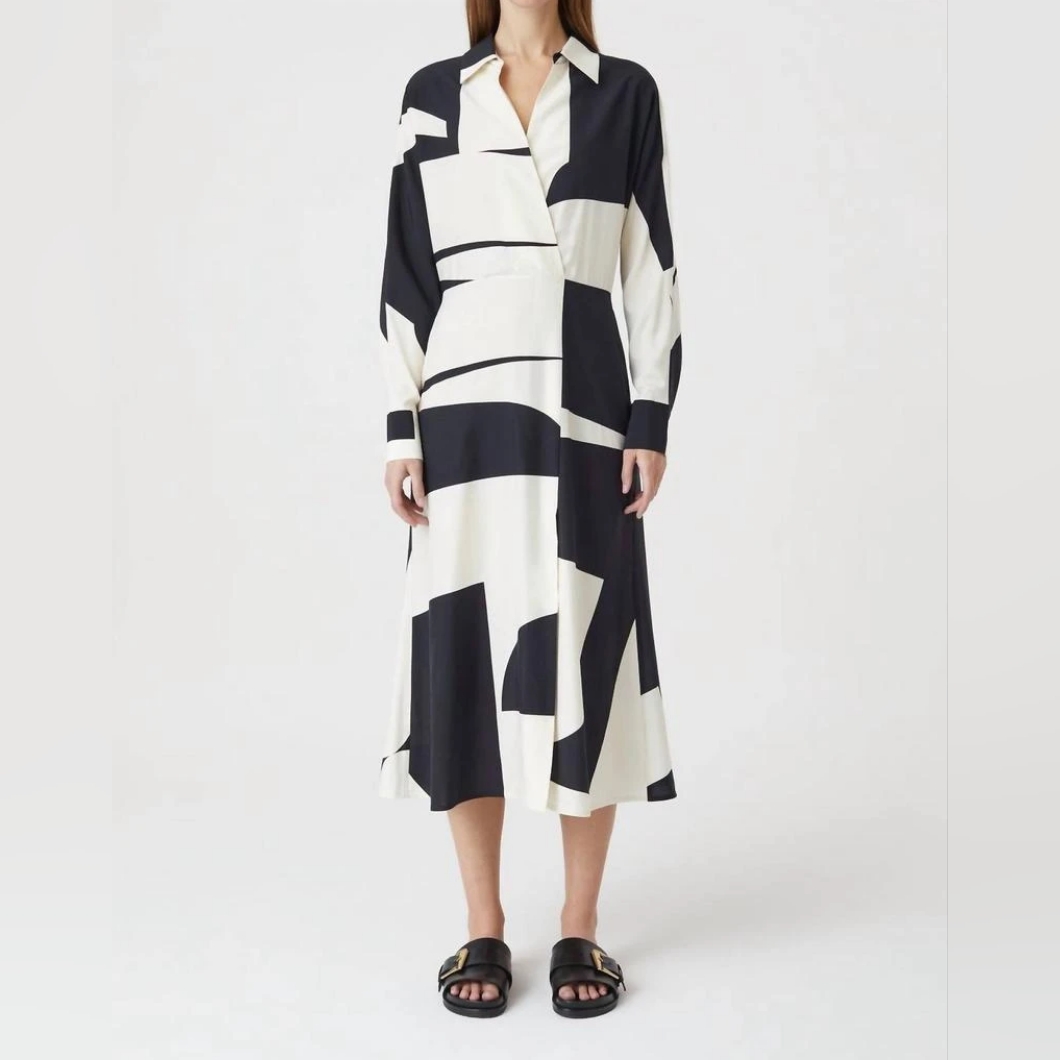 Closed Viscose And Silk Shirt Collar Faux Wrap Graphical Midi Dress